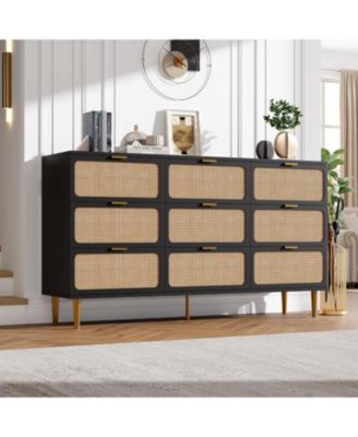 Rattan 9 Drawer Dresser for Bedroom, Tall Chest of Drawers with Deep Storage and Wide Top