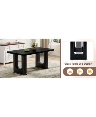 Furniture Stylish Black Wood Textured Dining Table and 4 White PU Chairs Set.