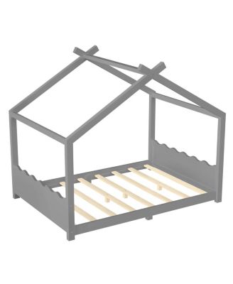 Full House Floor Bed with Support Slats, Solid Wood House Bed Frame for Kids, Gray