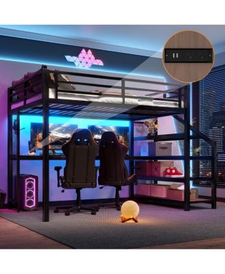 Full Loft Bed with Desk, Storage Stairs, LED Lights & USB Ports