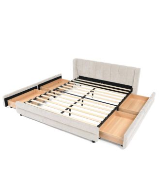 Queen Size Chenille Upholstered Bed Frame with Storage Drawer - Beige