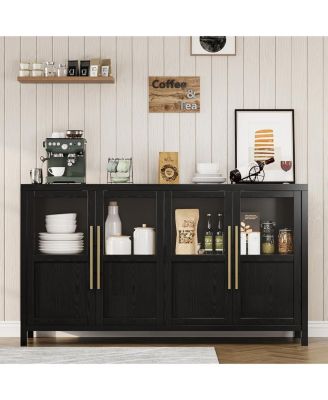 55" Buffet Cabinet with 4 Glass Doors, Modern Farmhouse Sideboard with Storage, Black