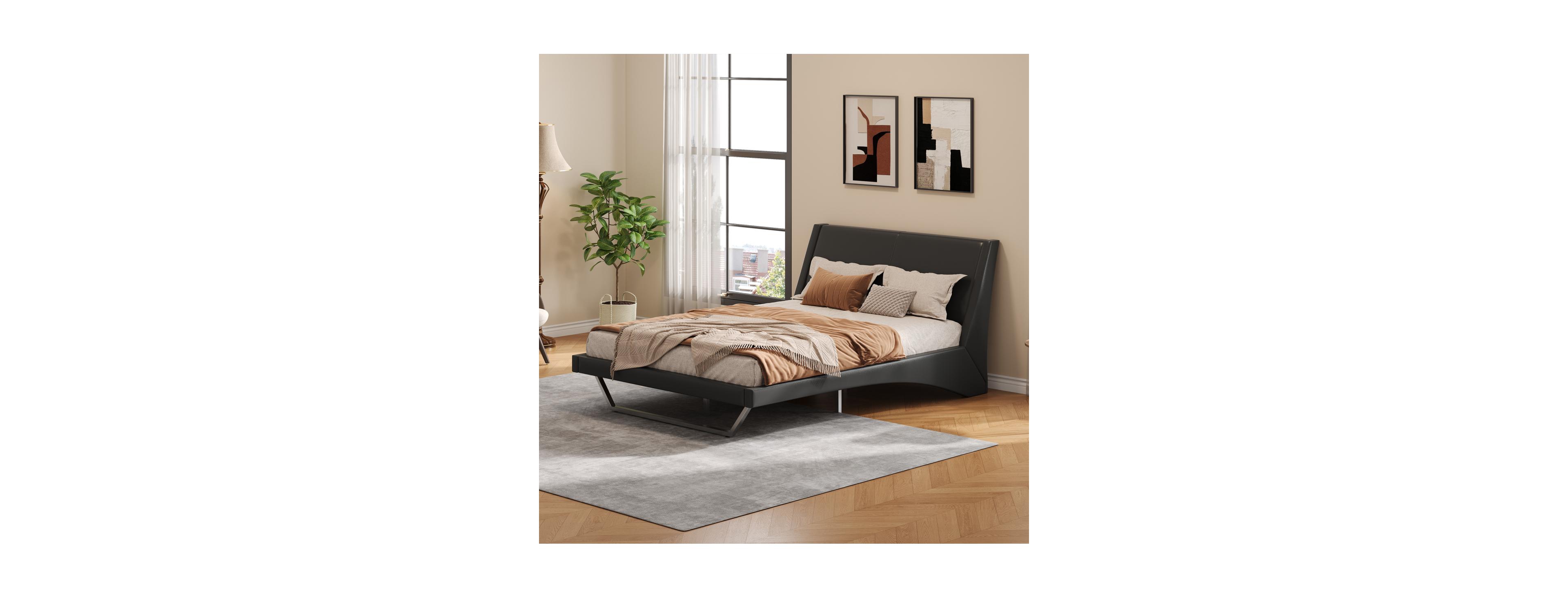 Streamdale Furniture Queen Size Pu Leather Upholstered Bed Frame, No Box Spring Needed