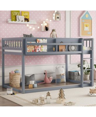Low Twin Over Twin Bunk Bed with Ladder, Solid Wood