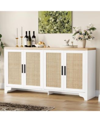 4-Door Boho Sideboard Buffet Cabinet, Rattan Storage Console for Dining Room, Living Room, Kitchen