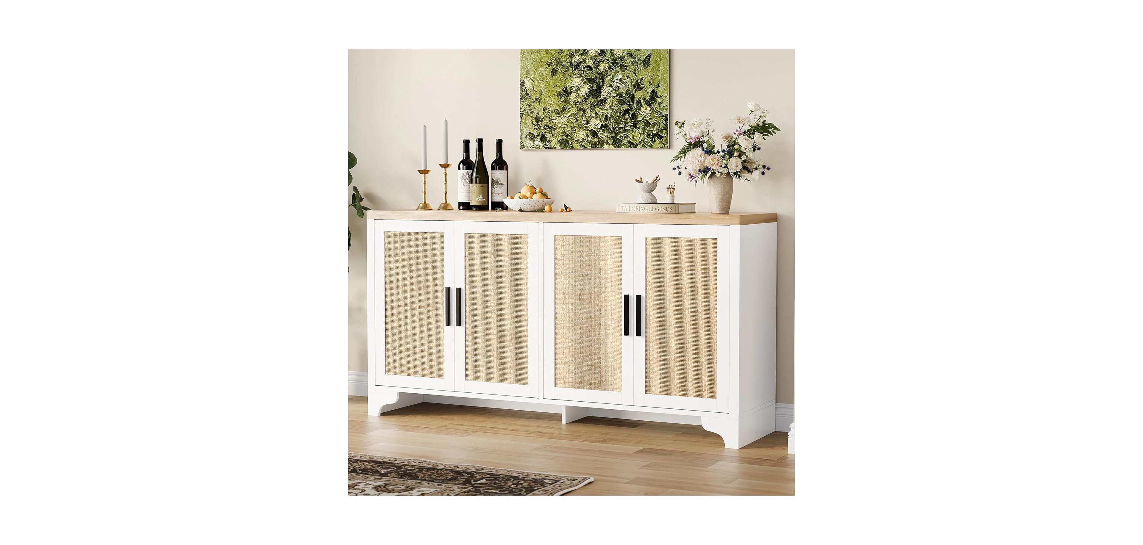 gaomon 4-Door Boho Sideboard Buffet Cabinet, Rattan Storage Console for Dining Room, Living Room, Kitchen