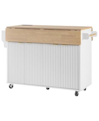 Streamdale  Furniture 55.5" Fluted Kitchen Island with 2 Drop Leaf, Storage Cart, Power Outlet, 4 Doors, Spice Rack, Rolling Table