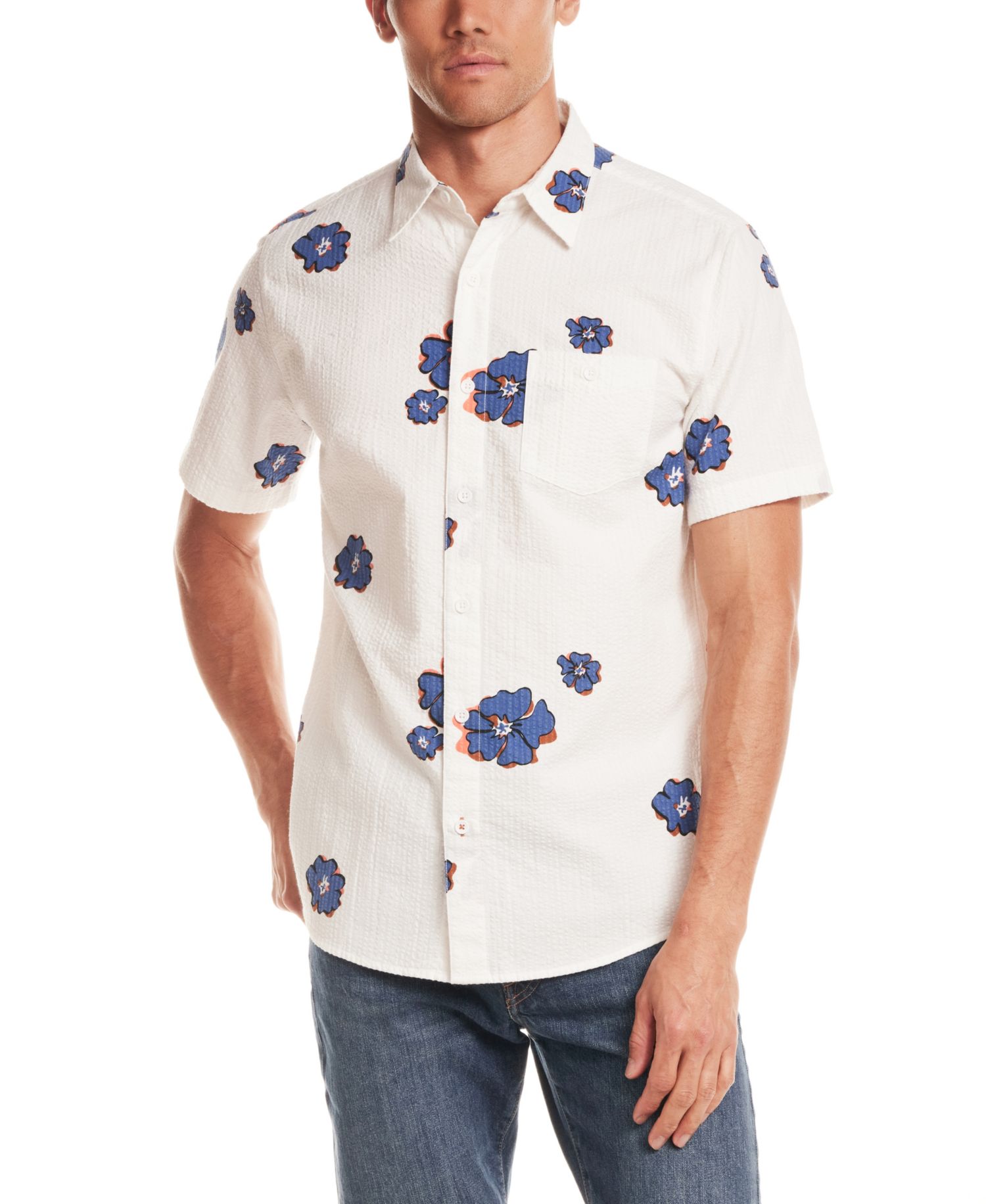 Men's Short-Sleeve Button-Down Seersucker Print 100% Cotton Hawaiian Shirt