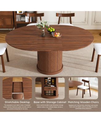 59" Extendable Oval Dining Table Set with 4 Walnut Chairs & 2-Tier Storage
