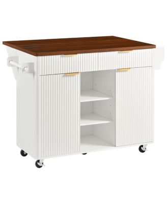 Streamdale 52" Fluted Kitchen Island with Drop Leaf, Power Outlet & Storage Cart