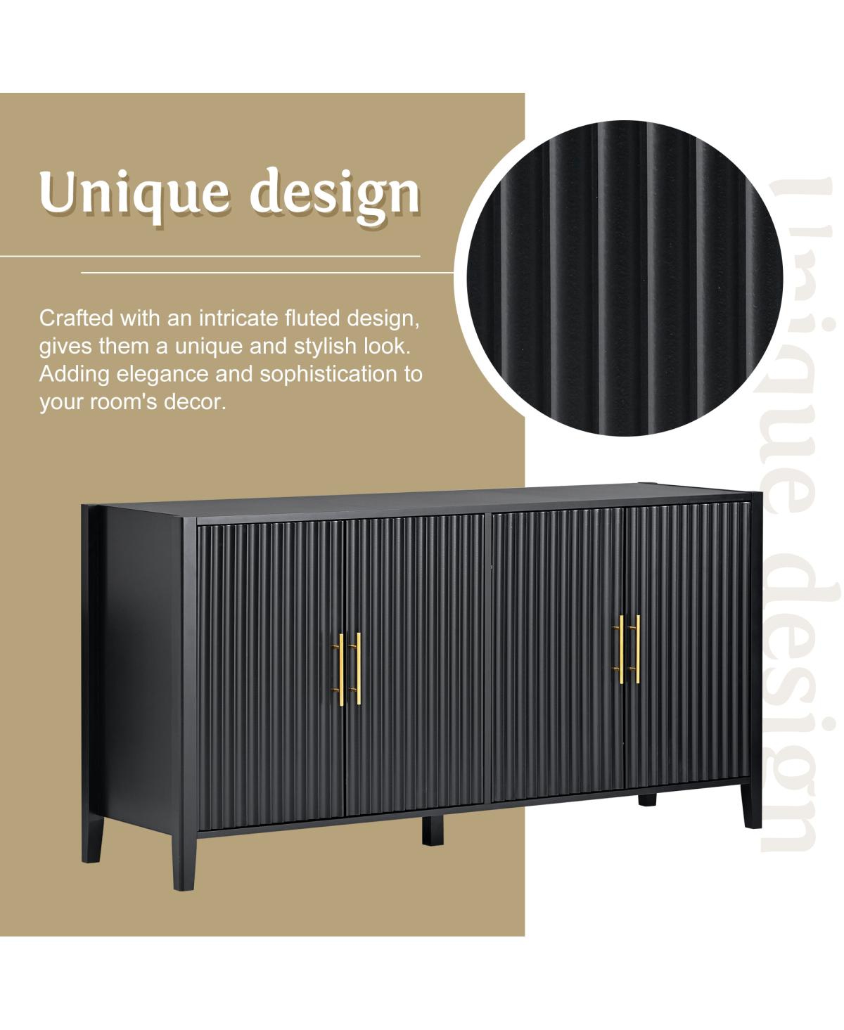 Streamdale Modern 4-Door Slatted Sideboard with Elegant Design (Black)
