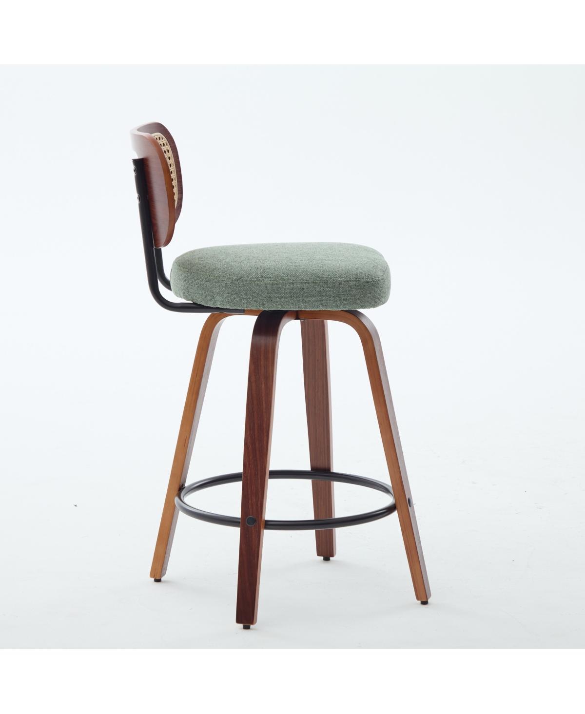 Streamdale Furniture Set of 3, 26-Inch Counter Height Bar Stools - Walnut Black, Cane Rattan, Green Linen Seat