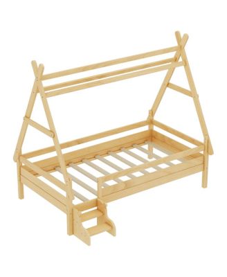 Twin House Platform Bed with Stairs, Solid Wood Twin Bed Frame, Low Profile