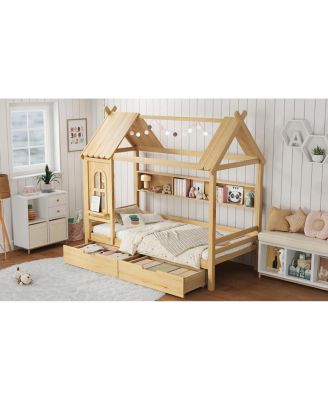  Twin House Bed with Storage Drawers and Shelves, Solid Wood