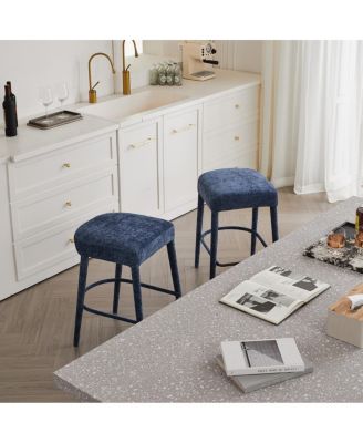 Backless Blue Upholstered Fabric Bar Stool with Padded Seat & Footrest