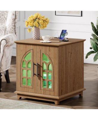 Large End Table with Charging Station & LED Light, 23.6" Square Sofa Side Table with Storage, Wooden Nightstand with Outlet