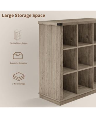 9-Cube Storage Organizer Bookcase, 37.4" Long Low 4-Tier Farmhouse Wood Shelf for Entryway & Living Room, Grey