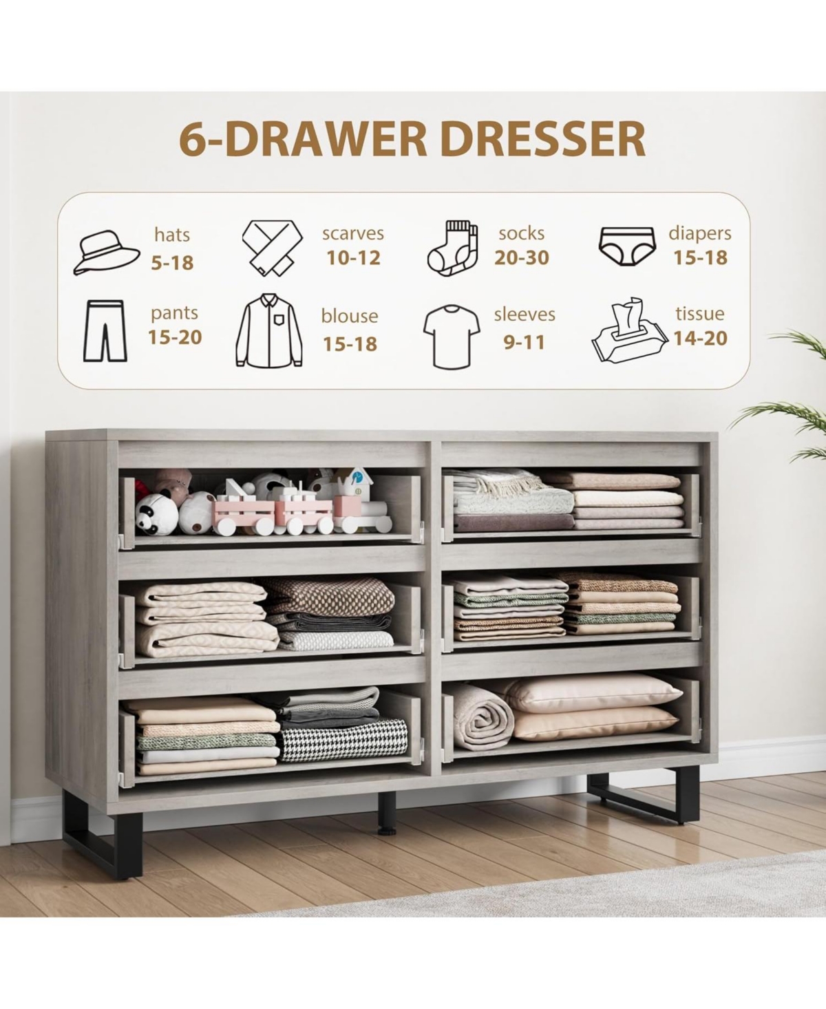 gaomon 6-Drawer Dresser for Bedroom, 47.2" Wide Freestanding Wooden Storage Chest for Living Room & Hallway