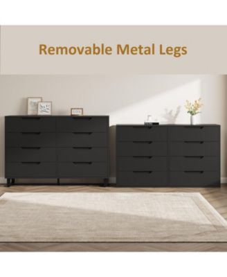 Farmhouse TV Stand with 8 Drawers, 55" Wide Entertainment Center for TVs up to 75 Inch with Metal Legs, Black