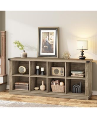 8 Cube Storage Organizer Bookshelf, 62" Long 3-Tier Farmhouse Bookcase for Entryway or Living Room, Grey