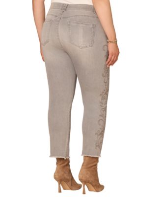 Plus Size Western Embroidery High-Rise Slim Straight Jeans