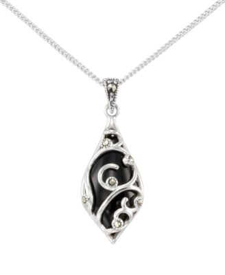 Marcasite (0.06 ct. t.w.) and Onyx (3 ct. t.w.) Teardrop Pendant Necklace in Sterling Silver