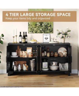 4-Door Boho Sideboard Buffet Cabinet, Natural Rattan Storage Console for Dining Room, Living Room, Kitchen