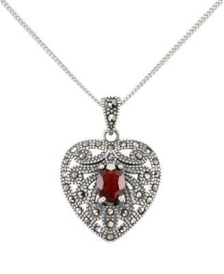 Marcasite (0.4 ct. t.w.) and Garnet (1.5 ct. t.w.) Heart Pendant Necklace in Sterling Silver