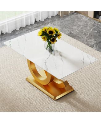 Tempered Glass Marble Top Dining Table with Gold OC Legs