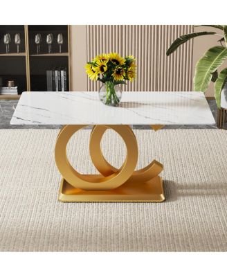 Tempered Glass Marble Top Dining Table with Gold OC Legs