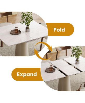 Retractable Rock Slab Folding Dining Table, Modern Expandable Table with Leather Base