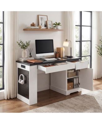 55" Modern Fluted Office Desk with Storage, Drawers, Power Outlet & Keyboard Tray