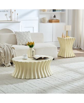 Set of 35.04"+15.16" Coffee Table Vintage Fiberglass Table Beige