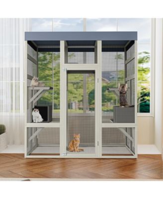 Gray Wooden Outdoor Catio with 2 Napping Boxes