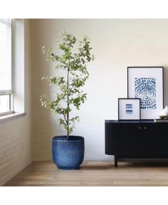 12-Inch Round Ceramic Planter, Deep Blue Glaze with Basket Texture