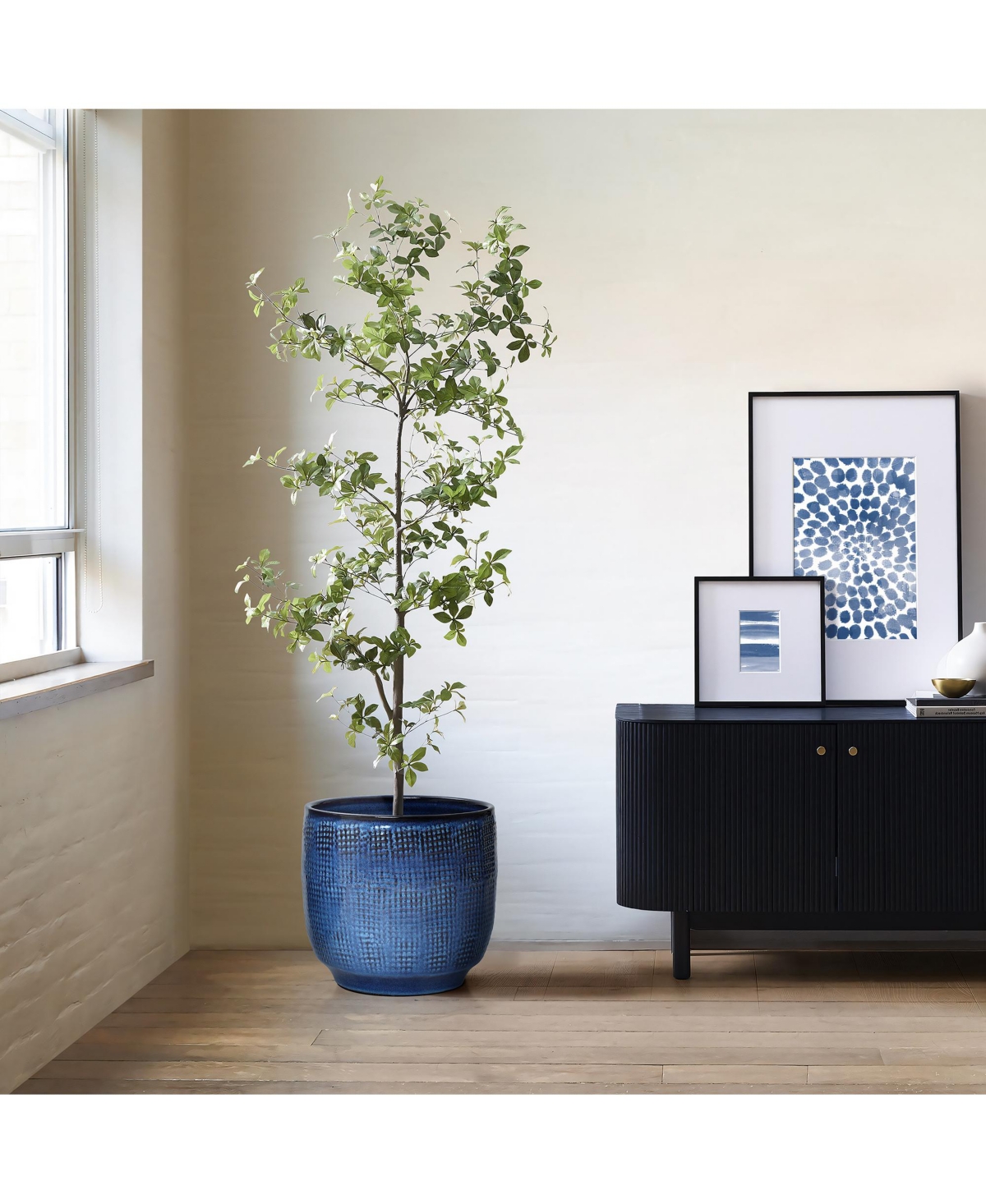 LuxenHome 12-Inch Round Ceramic Planter, Deep Blue Glaze with Basket Texture