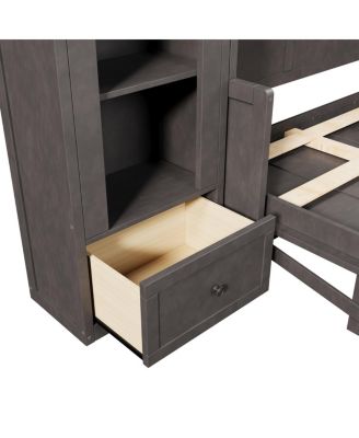 Queen Size Murphy Platform Bed with Shelf, Side Cabinets, Drawers and LED