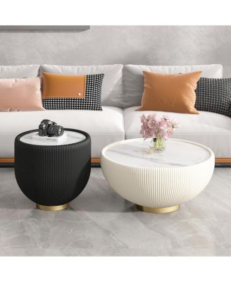 Modern Round Sintered Stone Leather Edge Sofa End Table with Metal Base