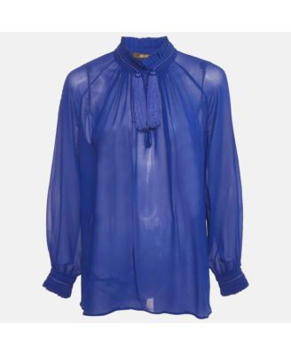 Women's Blue Silk Tassel Detailed Sheer Blouse