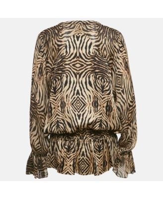 Women's Brown Tiger Printed Silk Tie Up Detail Top