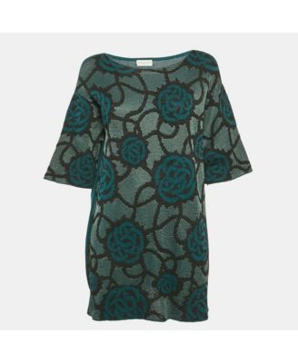 Womens Teal Green Floral Intarsia Lurex Knit Top