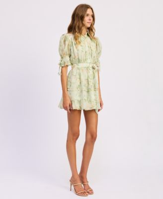 macys green dress short Green Macys Womens Short Dresses Women's V-Neck Tiered Bubble Puff Sleeve  Mini Dress