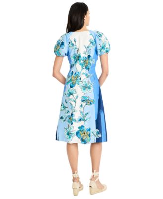 Women's Puff-Sleeve V-Neck Midi Dress