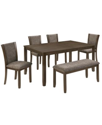 6-Piece Farmhouse Rustic Dining Table Set with Bench and Chairs, Dark Walnut