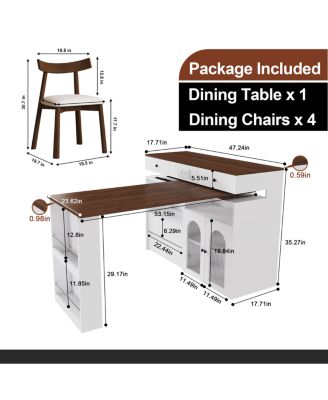 Kitchen Island Set with 4 Chairs, Extendable & Rotating Table, Retro Design