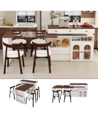 Kitchen Island Set with 4 Chairs, Extendable & Rotating Table, Retro Design