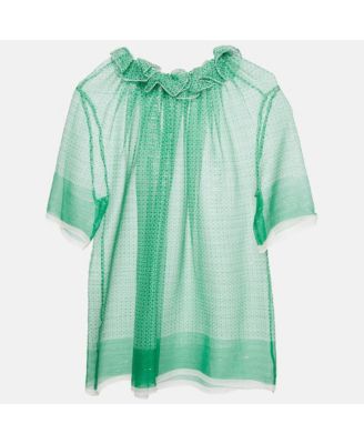 Women's Green Stars Print Lurex Georgette Ruffled Top