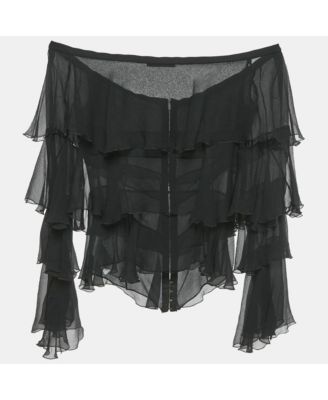 Women's Black Silk Tiered Off-Shoulder Top