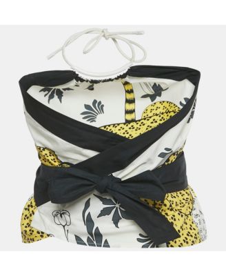 Women's White/yellow Leopard Print Cotton Halter Neck Scarf Top