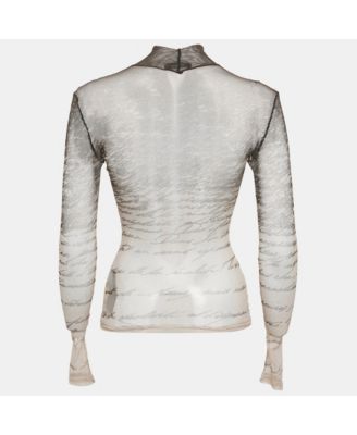 Women's Beige Love Letter-Print Stretch Mesh Sheer Top